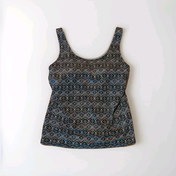 LL Bean Swimwear Swim Tankini Top Womens 8 Black Gray Geometic UPF 50+ Beach - Picture 1 of 6